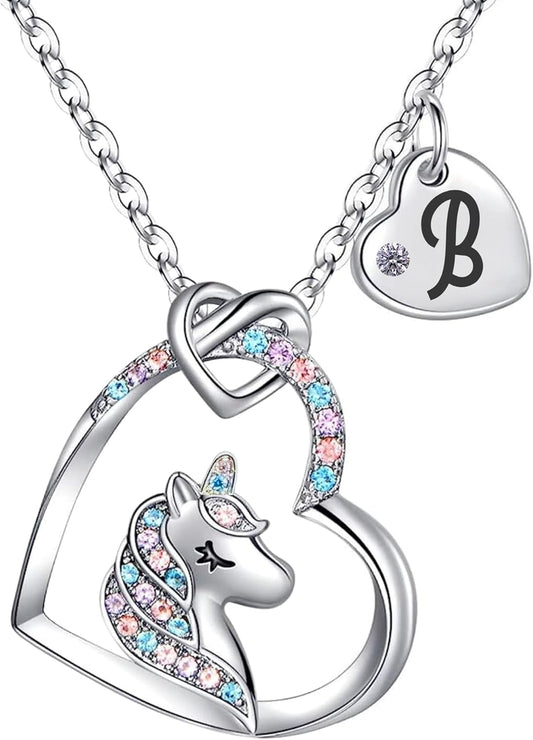 Unicorn Necklace for Girls Kids with Personalized Initial Heart Pendant, 18K Gold Fashion Jewelry for Girls, Colorful Heart Necklace for Birthday Gifts.
