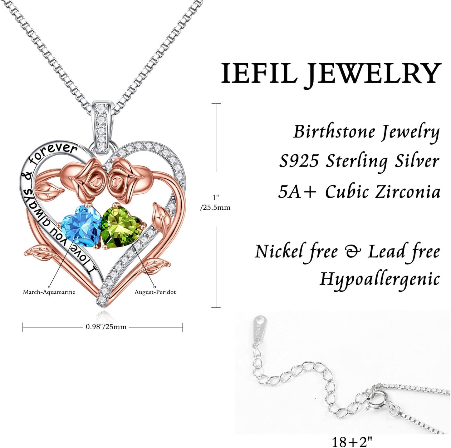 Iefil Rose Heart Double Birthstone Necklace Gifts for Wife Her Mom Women, Birthstone Jewelry Gemstone Birthday Gifts for Girlfriend Grandma Her Wife Women