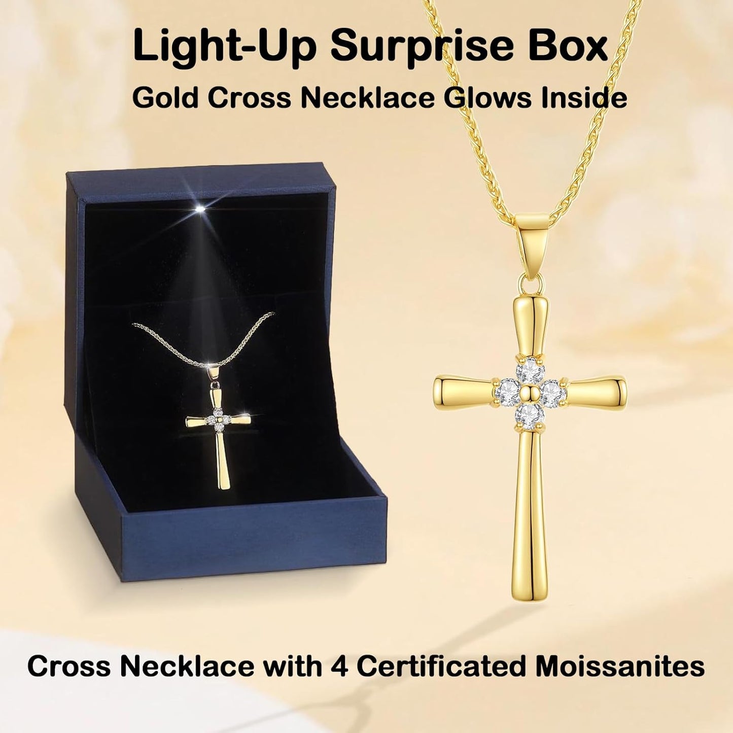 Gold Moissanite Cross Necklace for Women Wife in Light-Up Gift Box,Love Card - Women Anniversary Birthday Gifts Ideas for Wife Her Girlfriend, Christian Cross Chain Jewelry 1CT (18K Real Gold Filled)