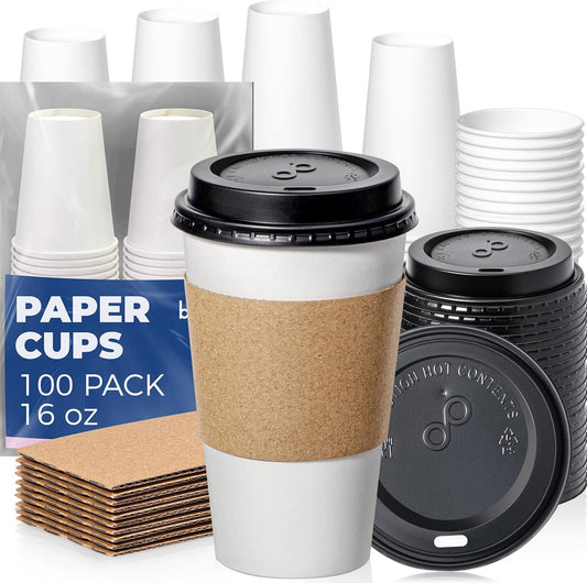 Fit Meal Prep 100 Pack 16 oz Disposable Coffee Cups with Lids, Sleeves, Leak-Proof To Go Coffee Cups with Lids, Durable Paper Cups for Hot Beverage, Home, Office, Party
