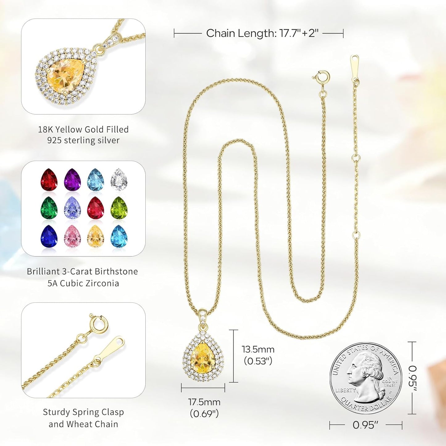 Gold Necklace for Women-Teardrop Birthstone Pendant-18K Gold Plated Chain with Light-Up Gift Box, Jewelry for Women,Anniversary Birthday Gifts for Her Wife Girlfriend Mom,Womens Jewelry