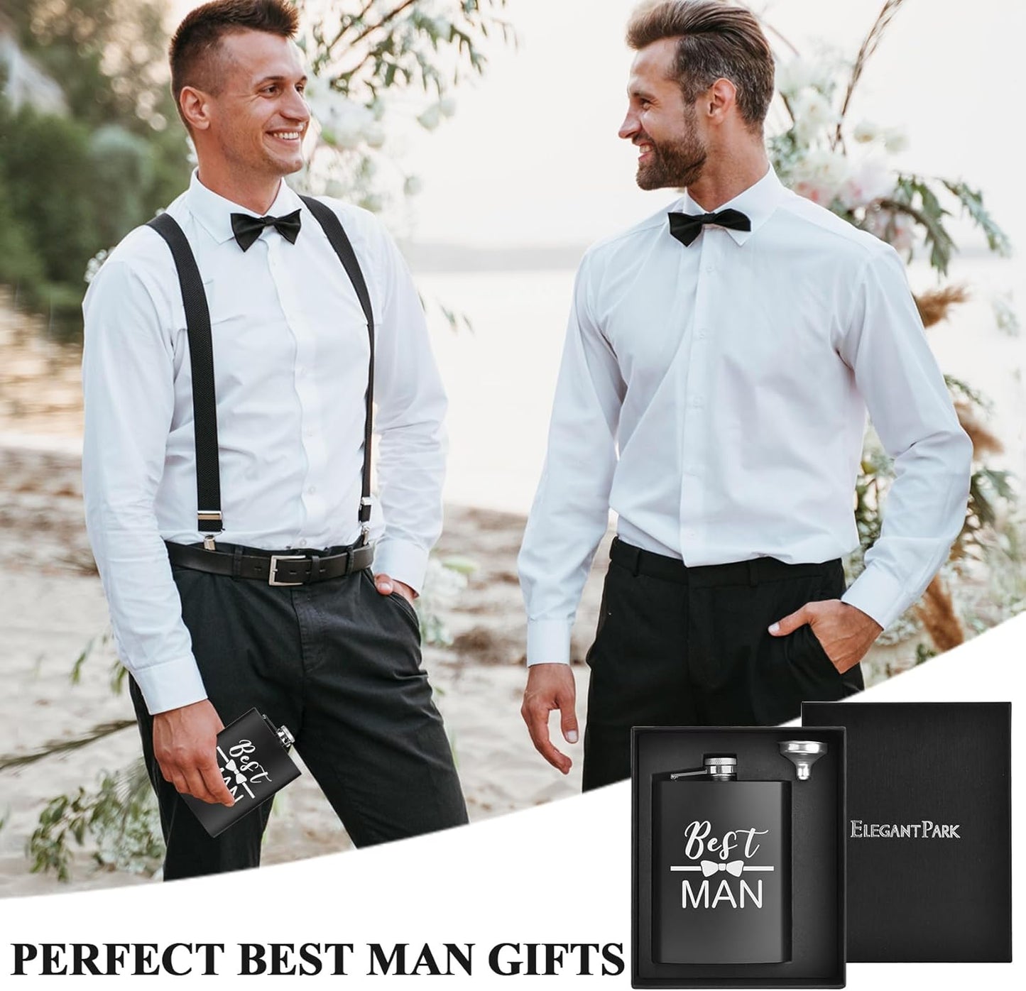 ELEGANTPARK Engraved Best Man Flask Best Man Groomsmen Gifts Groomsmen Proposal Gifts Wedding Bachelor Party Favor Stainless Steel 8 OZ Black Hip Flask for Liquor with Funnel