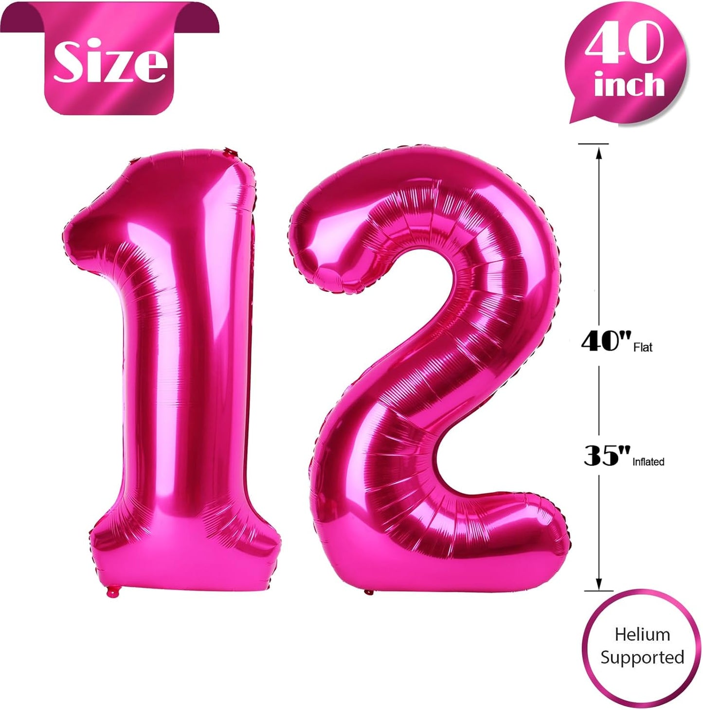 Hot Pink Number 12 Balloons 40 inch, 12 Number Balloons, 12th Birthday Decorations for Girls 12 Year Old Hot Pink Party Supplies