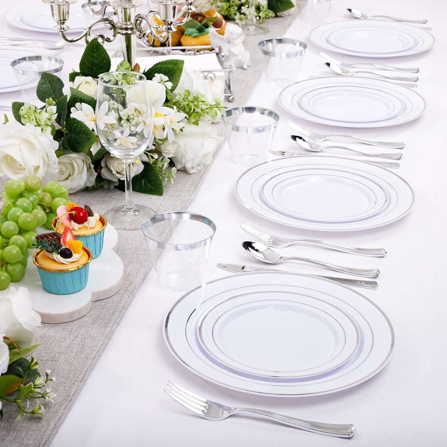 bUCLA 300PCS Silver Disposable Plastic Dinnerware Set - 50 Guests White Silver Disposable Plates Include 50 Dinner Plates,50 Dessert Plates,50 Knives,50 Forks,50 Spoons,50 Cups for Party & Christmas