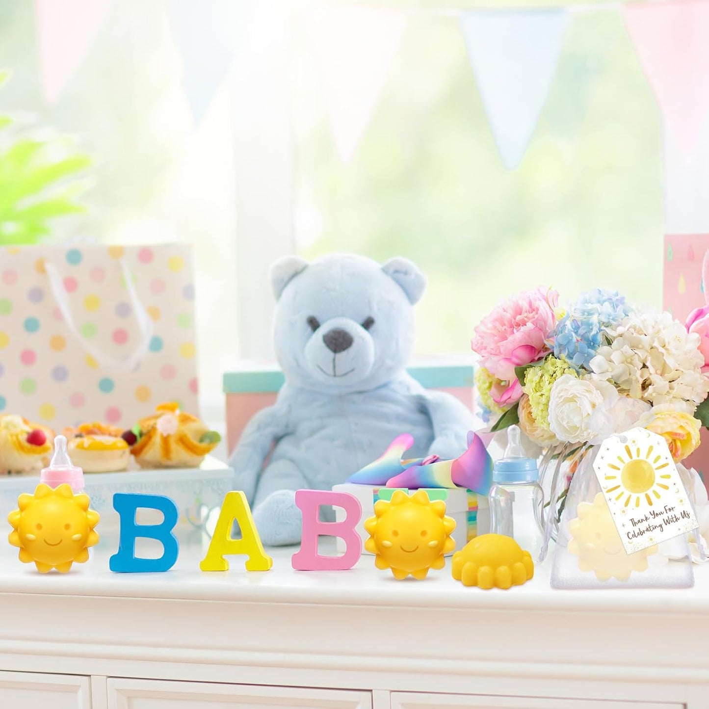 Leelosp 60 Sets Sun Soaps Baby Shower Favors Here Comes the Sun Baby Shower Gifts Mini Handmade Soaps with Thank You Card and Organza Bags for Guest Gender Reveal Sunshine Party Decor (Yellow,Cute)