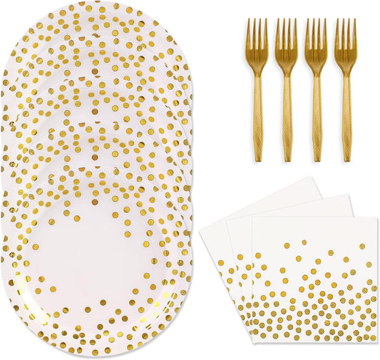 48PCS White and Gold Plates and Napkins Party Supplies, Gold Dot Disposable Party Paper Plates and Napkins with Forks Tableware Set for Wedding Baby Shower Birthday Decorations 16 Guests