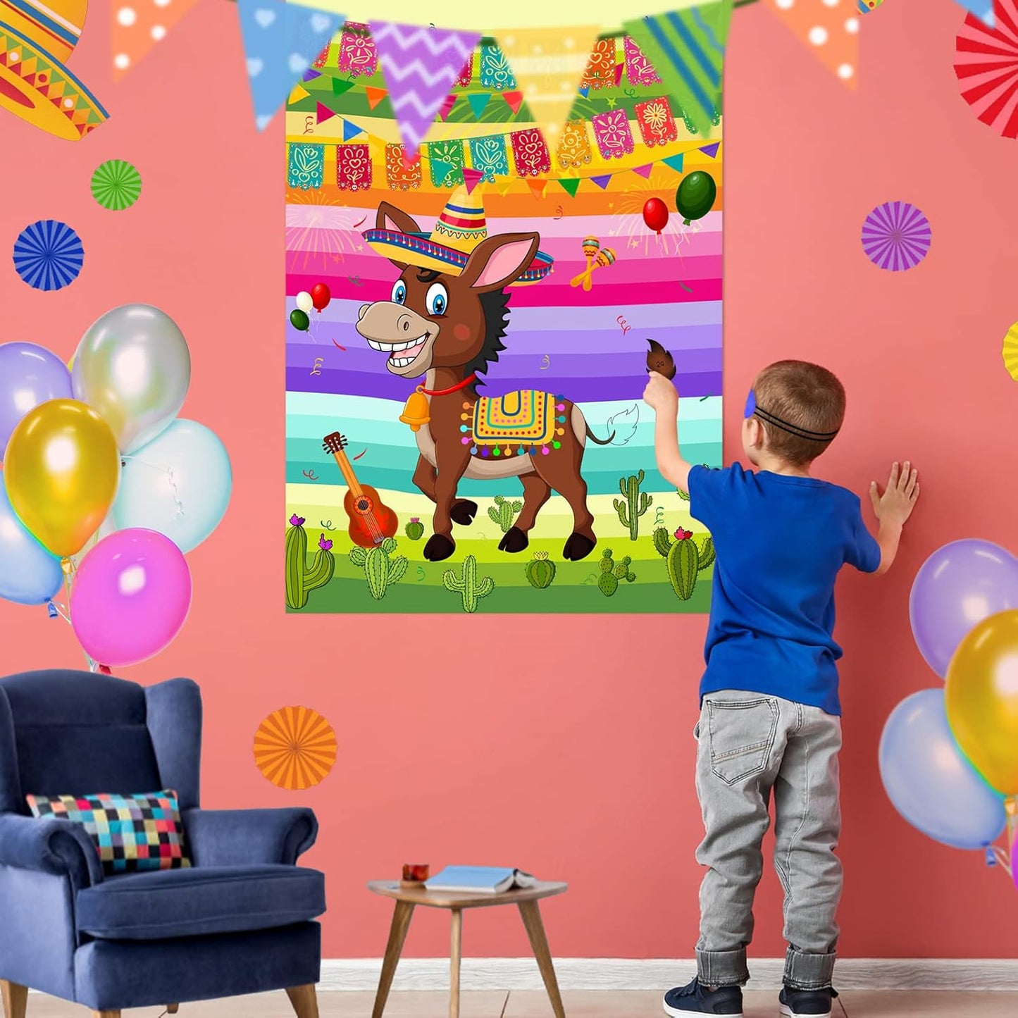 NEBURORA Pin The Tail on The Donkey Mexican Donkey Game with 24Pcs Tails Cinco De Mayo Party Mexican Party Fiesta Themed Taco Party Decorations Kids Birthday Supplies