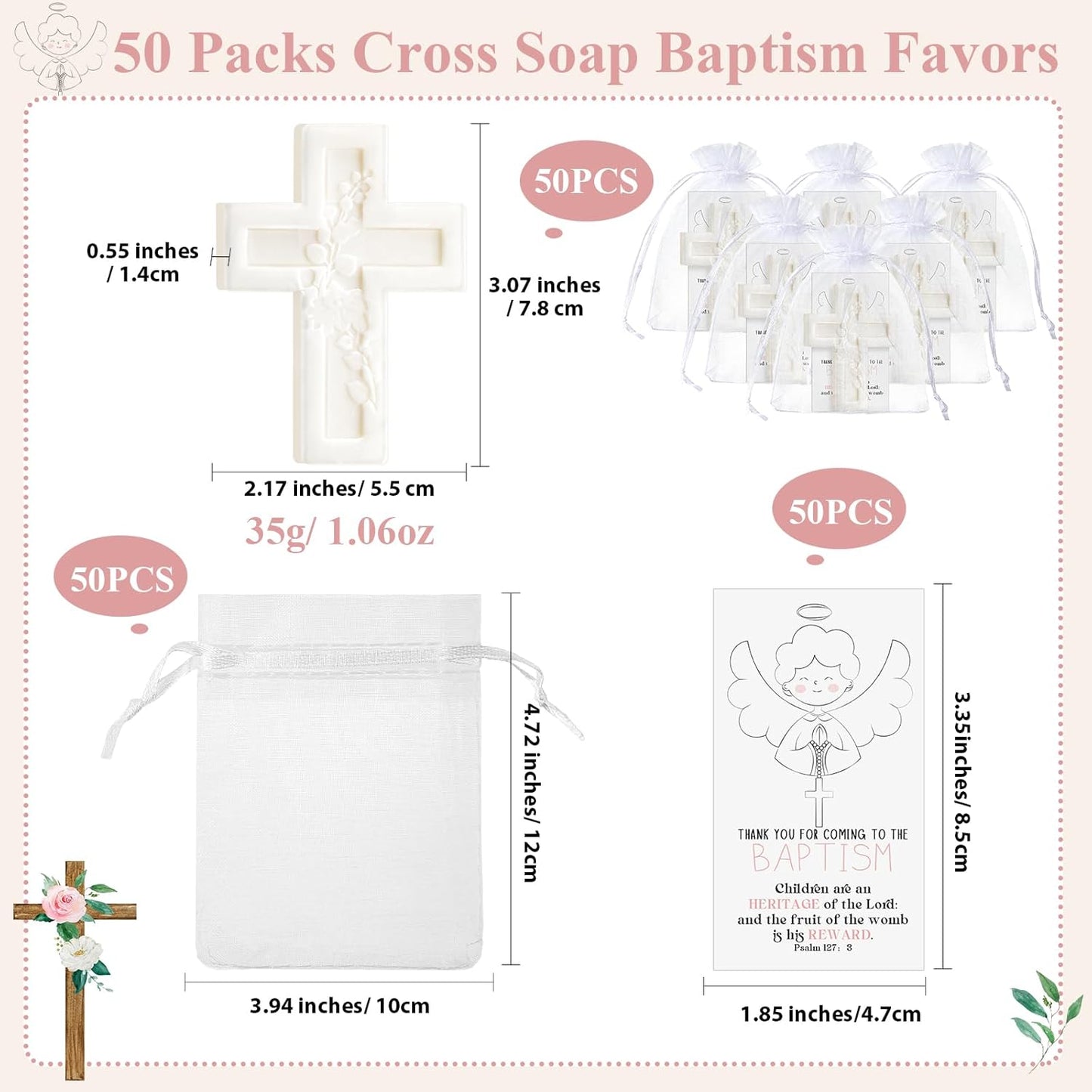 50 Pack Baptism Favors for Guests Cross Soap Baby Shower Scented Soap Favors with Greeting Cards Organza Bag Christening Communion Baptism Party Gift for Guests Party Gender Reveal