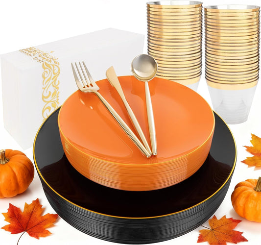 MirthMood 210PCS black and orange Plastic Plates,Black Disposable Plates –Plastic Plates Set Includes 30 Dinner,30 Dessert Plate,30 Cup&30 Napkins, 30 Gold Silverware for Wedding& Parties& Halloween