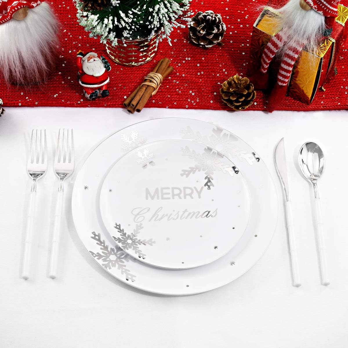 WDF 50Pieces Christmas Silver Plastic Plates- Snowflake Plastic Plates-Heavyweight White and Silver Disposable Plates for Christmas
