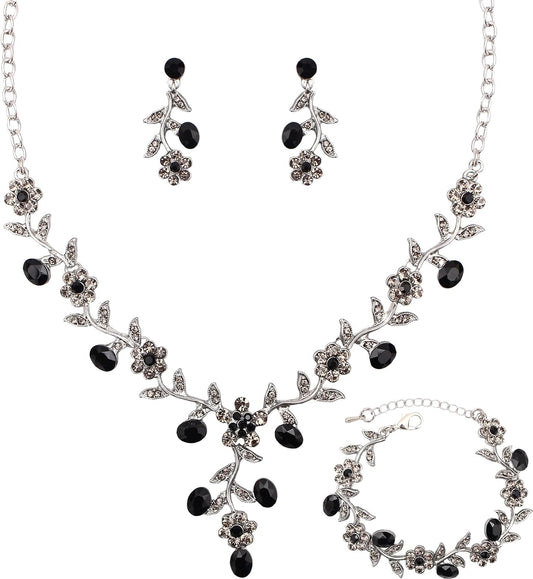 SFE Elegant Austrian Crystal Bridal Bridesmaid Wedding Jewelry Flower Leaf Necklace Dangle Earrings Link Bracelet Jewelry Set for Women