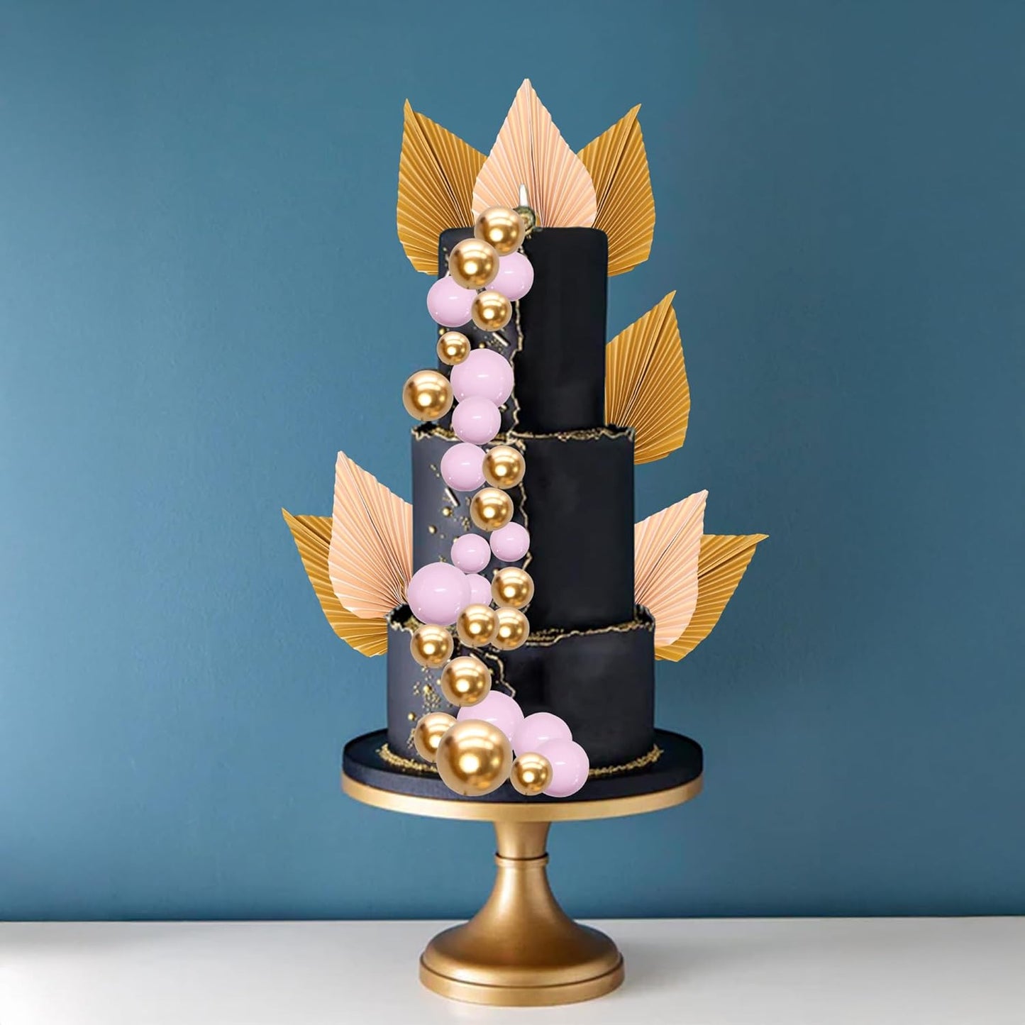 Ephlyn 28Pcs Paper Palm Fan Cake Topper Balls Cake Pick Decoration for Baby Shower Wedding Bridal Shower Birthday Party DIY Cake Decorations Supplies Pink Gold