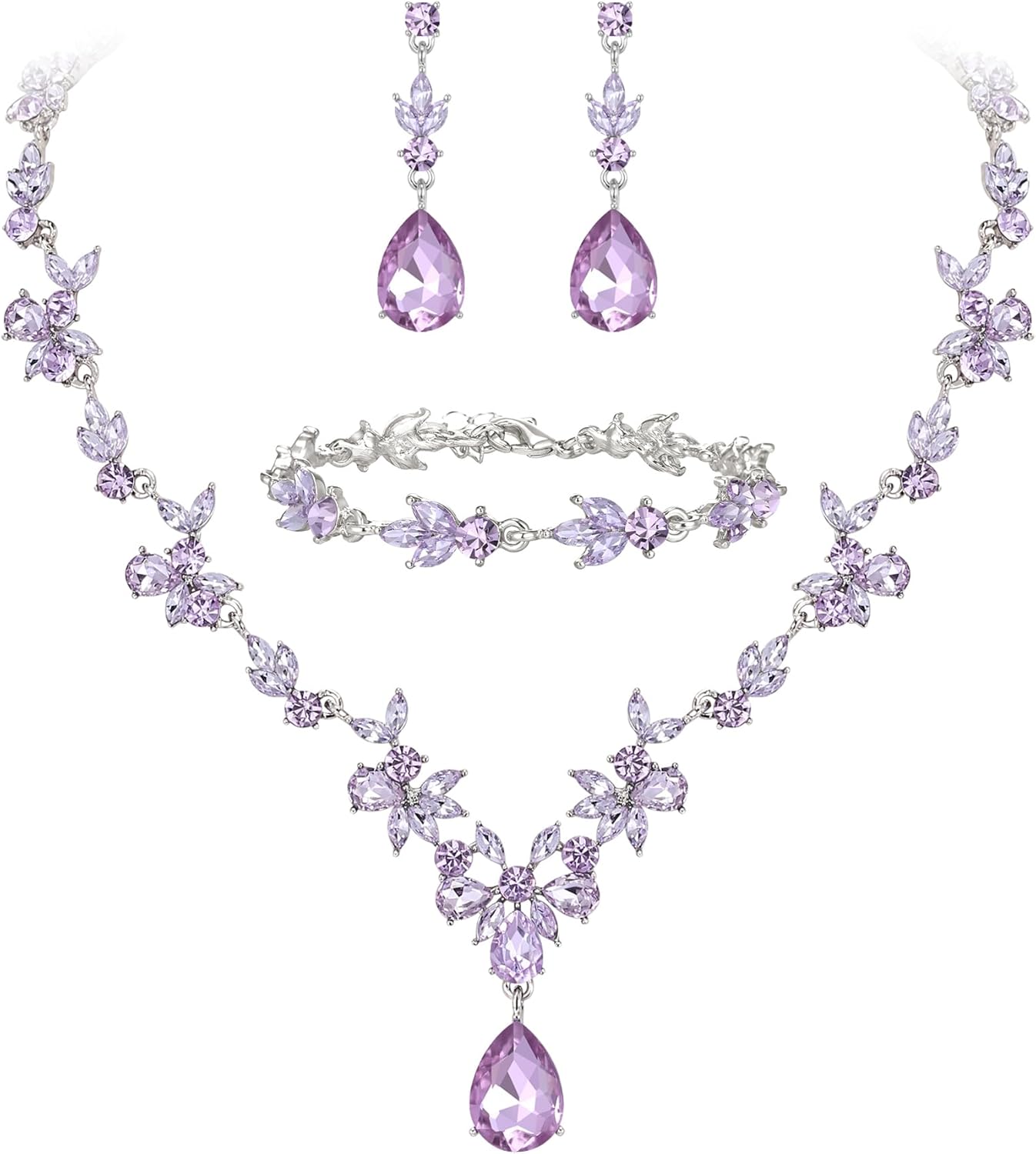 BriLove Wedding Jewelry Set for Women Bride, Y-Necklace Tennis Bracelet Dangle Earrings Crystal Teardrop Marquise Cluster for Bridal Bridesmaid