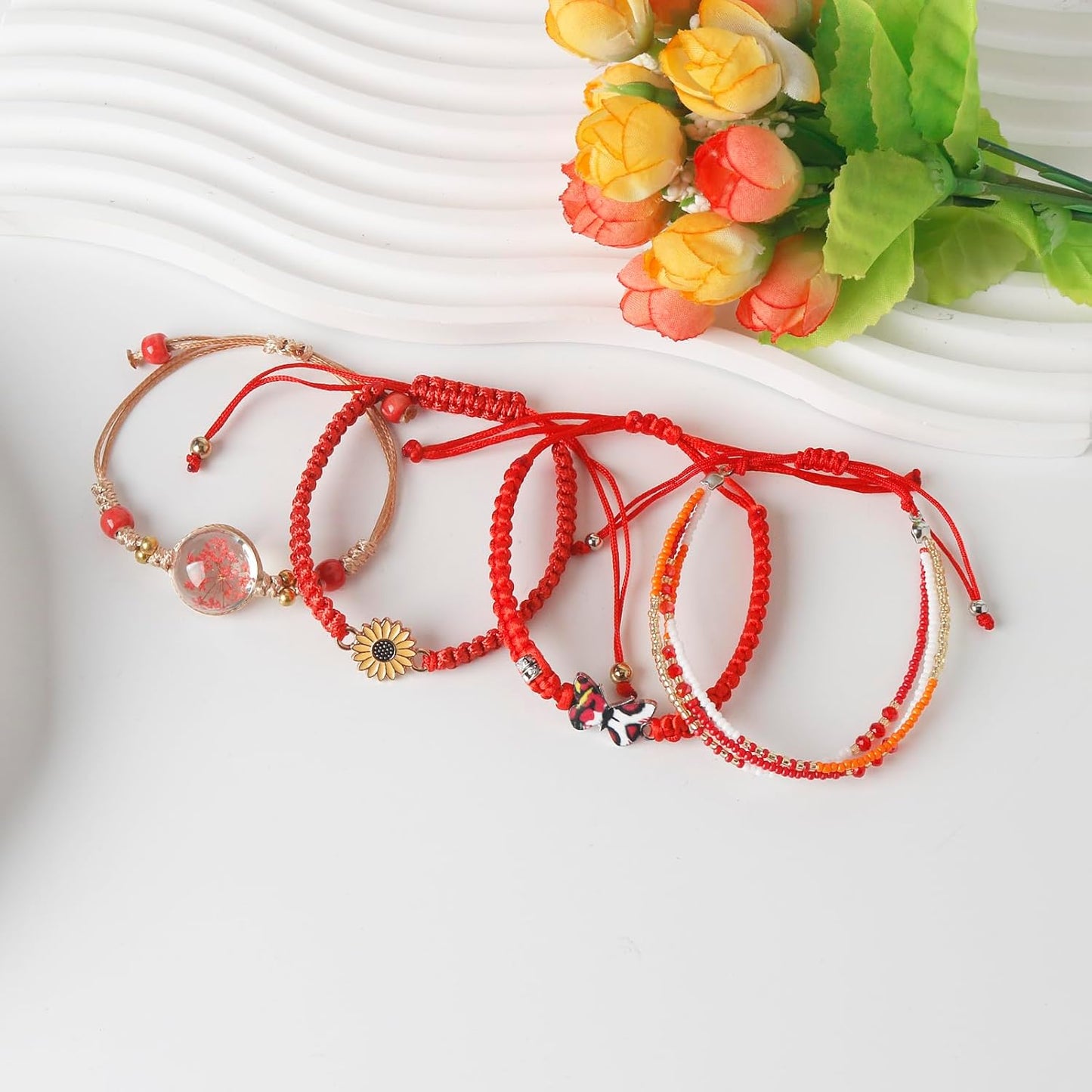 DS 4PCS String beads Charm Bracelets for Teen Girls Dainty cute cartoon Butterfly Daisy Eternal flower Beads Bracelets set for woman and girls Adjustable Stretch bracelet birthday Gift For Friends