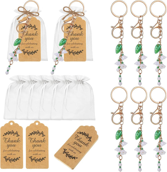 20 Set Christmas Flower Keychain Party Favor Lily of The Valley Keychain Thank You Keyring Gifts with Kraft Tags Organza Bag for Guests Souvenir Baby Shower Wedding Bridal