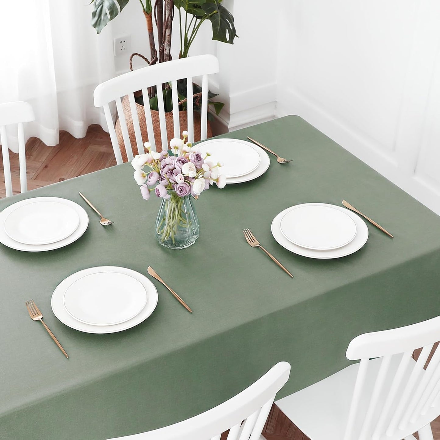 Romanstile 100% Waterproof PVC Tablecloth Rectangle, Oil Spill Proof Stain Resistant Vinyl Table Cloth, Wipe Clean Plastic Table Covers for Kitchen/Dining/Parties - 54 x 78 Inch, Sage Green
