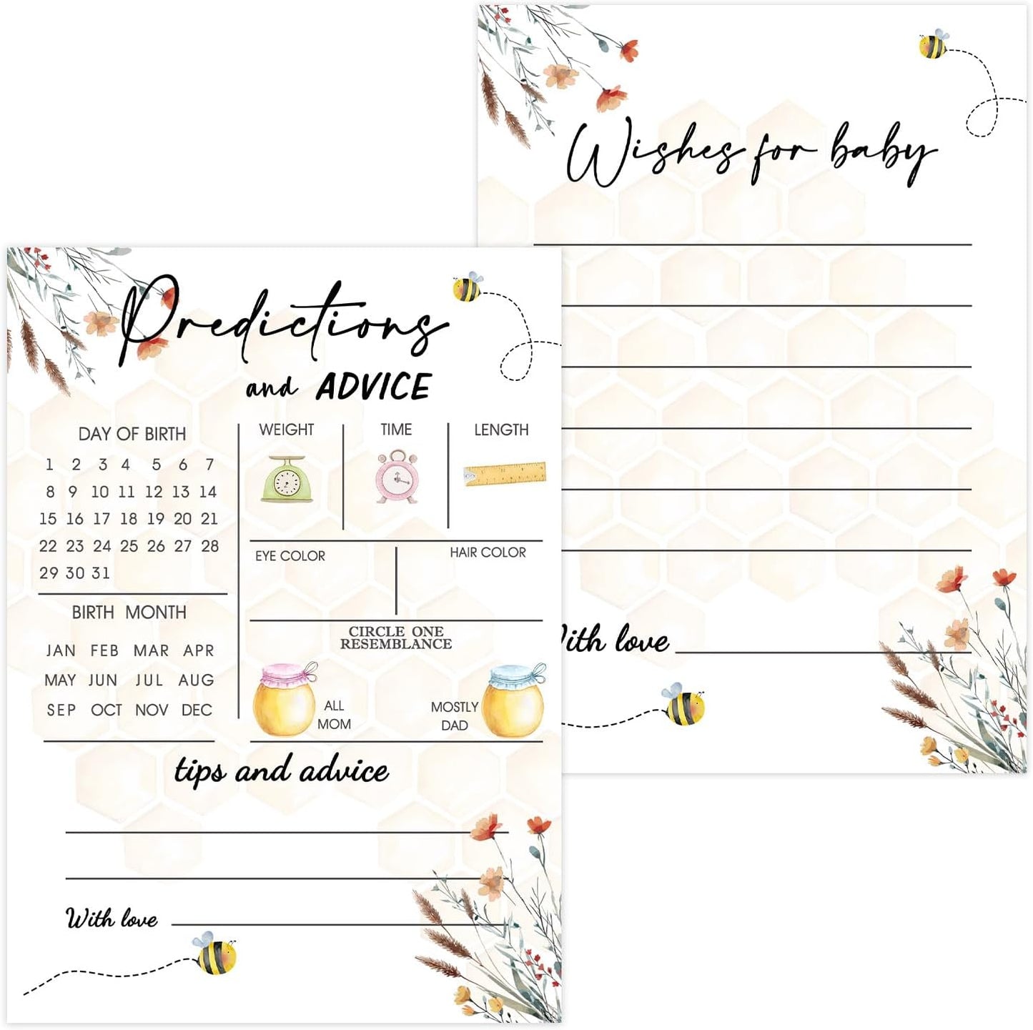 Honey Bee Baby Shower Games, Bee Baby Shower Wishes Games Cards for Guests, Butterfly Baby Predictions and Advice Cards for Baby Shower Games Activity, Advice for New Parents to Be, 5" x 7" 30 Pack