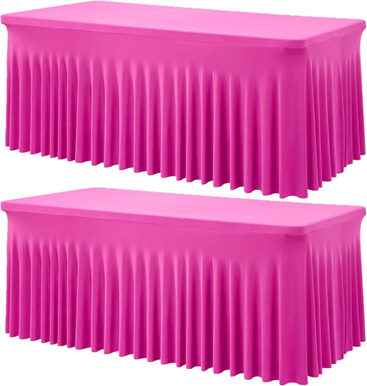 2 Pack Hot Pink Spandex Table Clothes for 6 Foot Rectangle Tables, Wrinkle Free Fitted Table Cover 6ft Fuchsia Stretch Tablecloths with Skirt for Parties Weddings Birthday Banquet Baby Shower