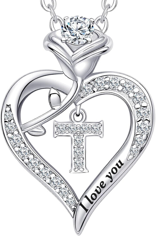 Rose Heart Pendant Necklace Gifts for Wife, Engraved 'I love you' Gift for Wife Girlfriend, Anniversary Birthday Eternity Jewelry Present for Women, Moissanite Necklace Gift for Her