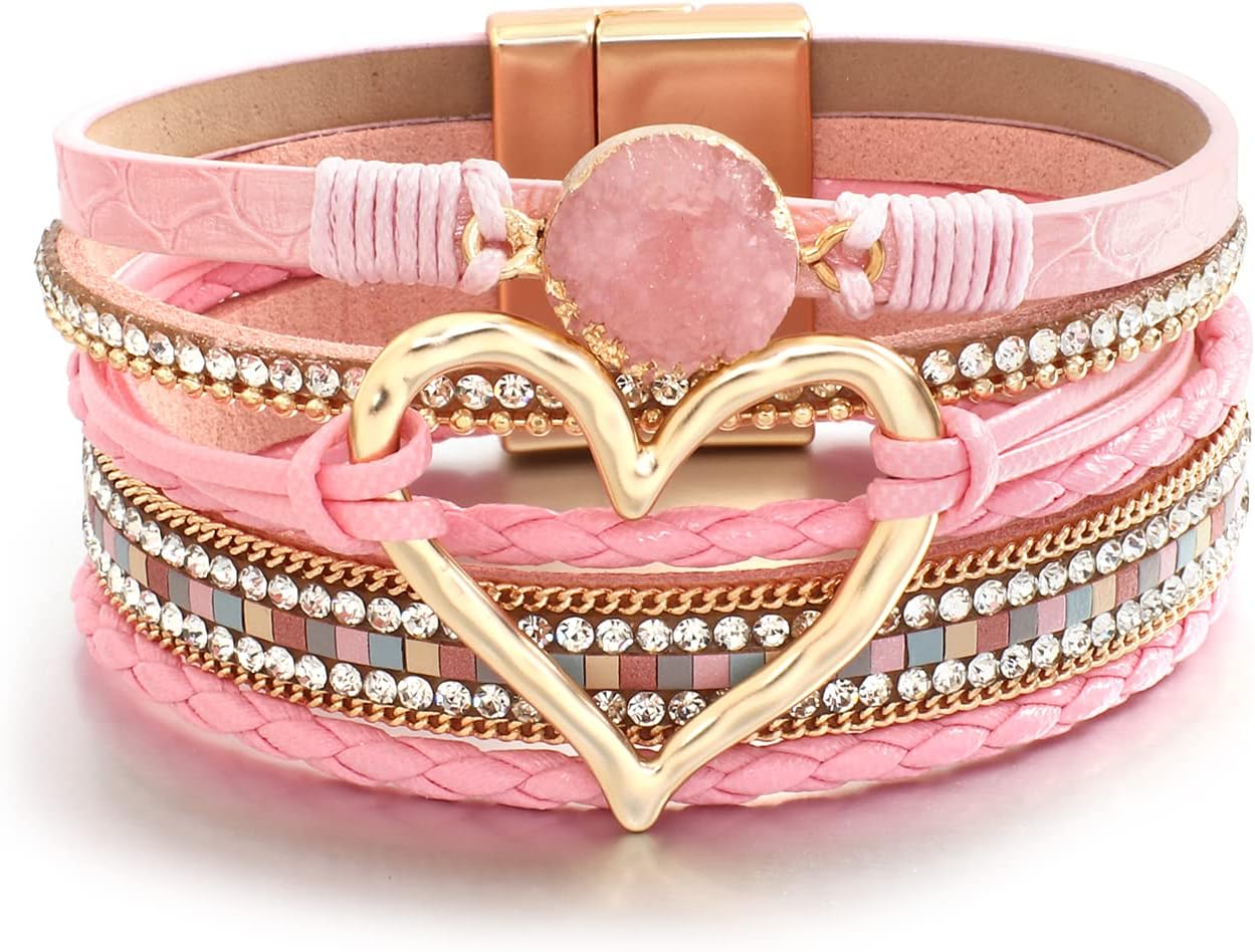 Leather Wrap Bracelet for Women Beaded Cuff Bracelet with Heart-shape Decor Bohemian Crystal Bracelet Jewelry with Clasp Bangle Bracelet for Women Girls Birthday Holiday Gift