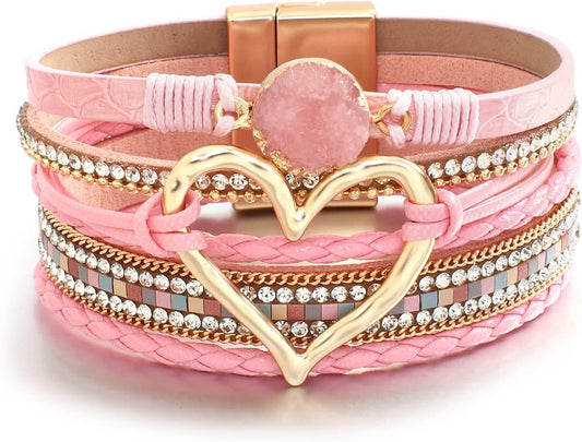 Leather Wrap Bracelet for Women Beaded Cuff Bracelet with Heart-shape Decor Bohemian Crystal Bracelet Jewelry with Clasp Bangle Bracelet for Women Girls Birthday Holiday Gift