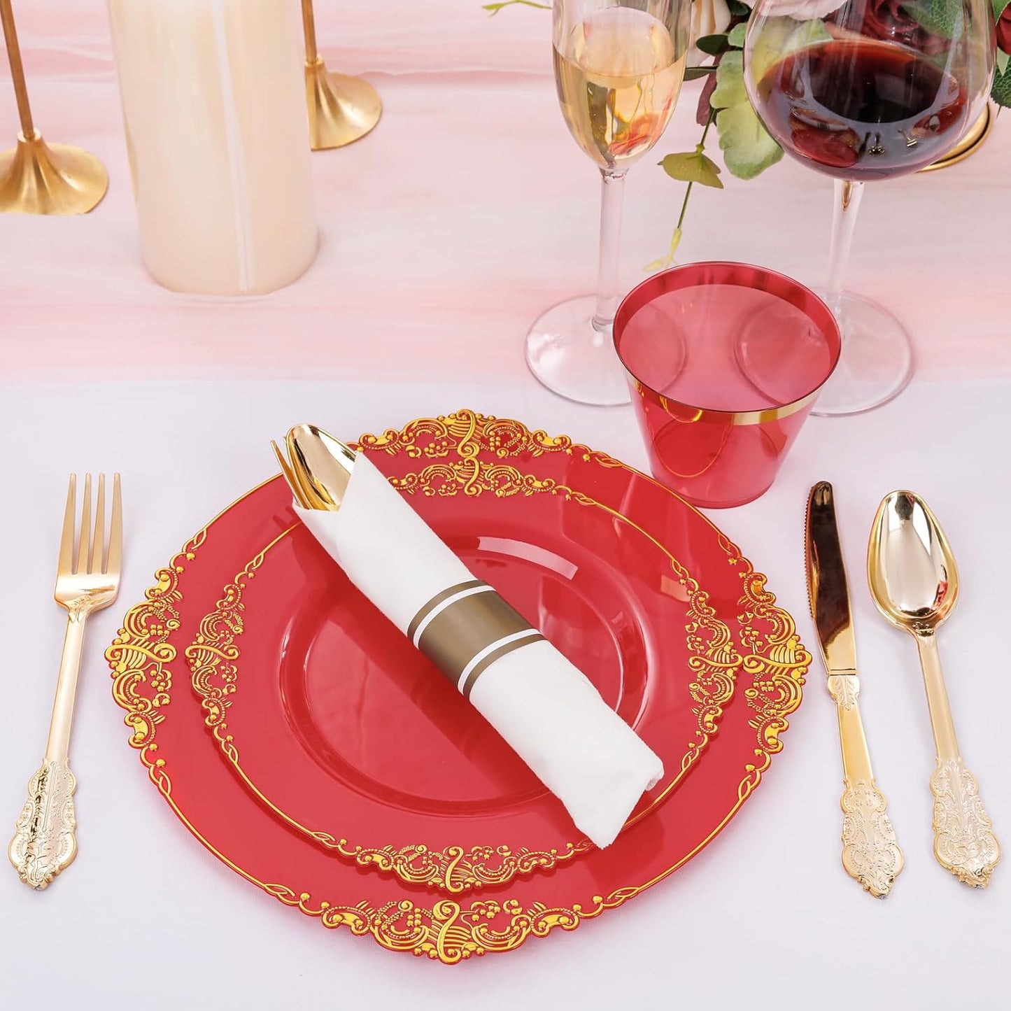Nervure 175PCS Red Plastic Plates - Disposable Red Gold Party Plates & Pre Rolled Napkins with Cutlery for 25 Guests, 50Plates, 75Silverware, 25Cups, 25Napkin for Wedding & Party & Independence