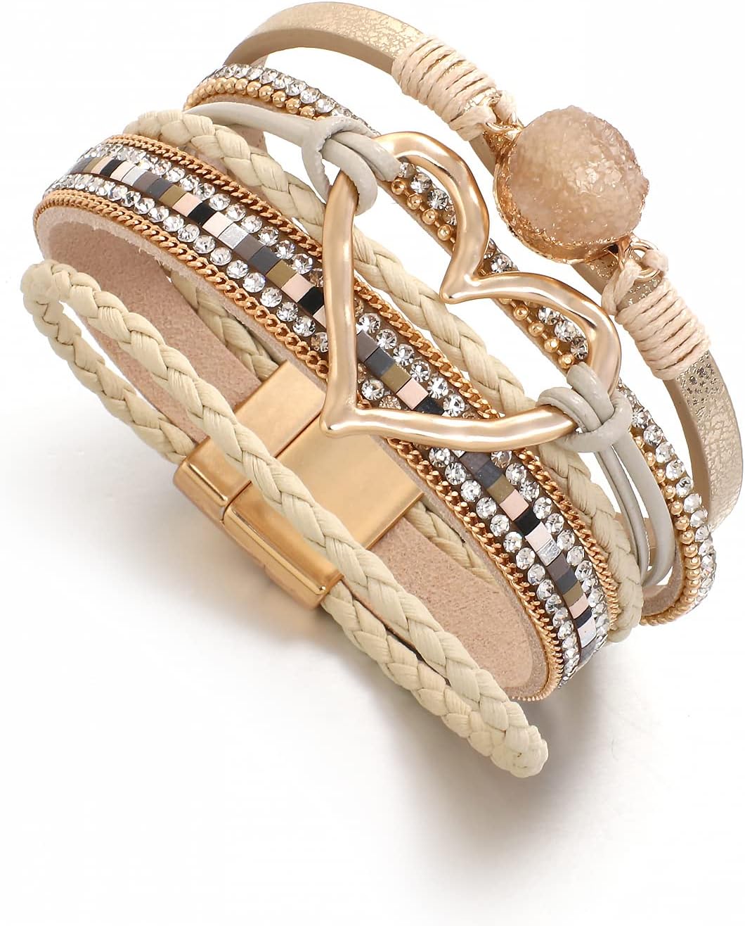 Leather Wrap Bracelet for Women Beaded Cuff Bracelet with Heart-shape Decor Bohemian Crystal Bracelet Jewelry with Clasp Bangle Bracelet for Women Girls Birthday Holiday Gift