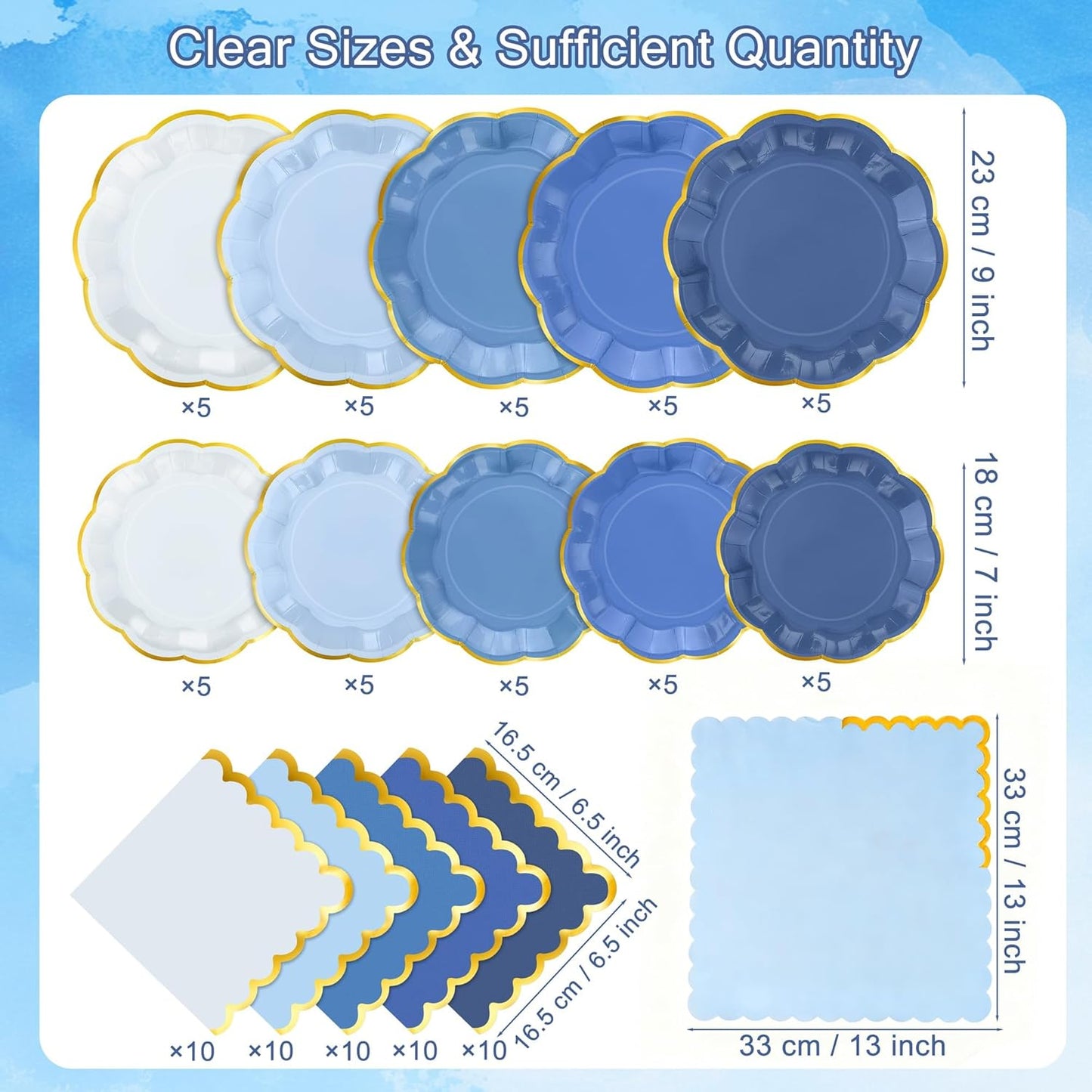 100 Pcs Dusty Blue Paper Plates and Napkins Gold Foil Scalloped Paper Plates & Napkins Disposable Tableware Set for Birthday Wedding Baby Shower Party Decorations