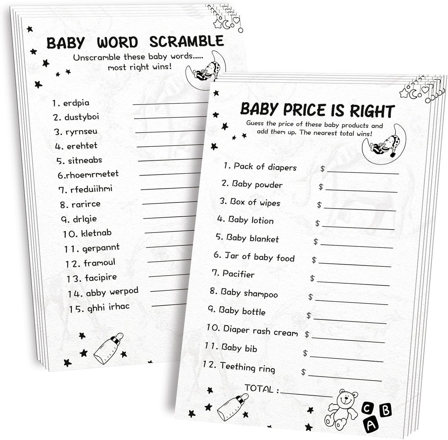 Baby Shower Games for Boy or Girl-2 Games(50 of Each),Double-Sided,Thick Cardboard,with Answer Keys