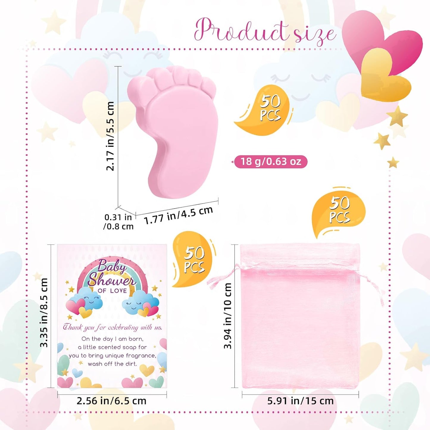 50 Sets Baby Shower Favors Refreshing Foot Soap Perfect Baby Shower Favors for Guests, Gifts, and Prizes with Organza Bags Thanks Cards (Pink)