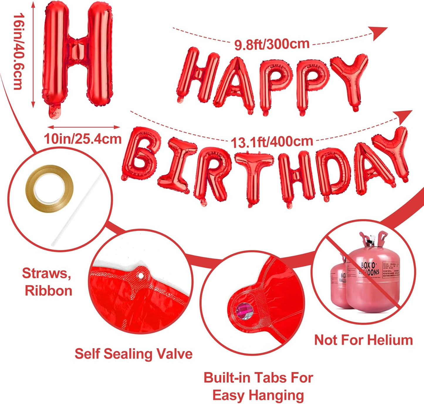 LIOZEOKUN Happy Birthday Balloon Letters 16 inch Mylar Foil Birthday Balloons Banner Sign for Birthday Party Decorations Supplies (Red)