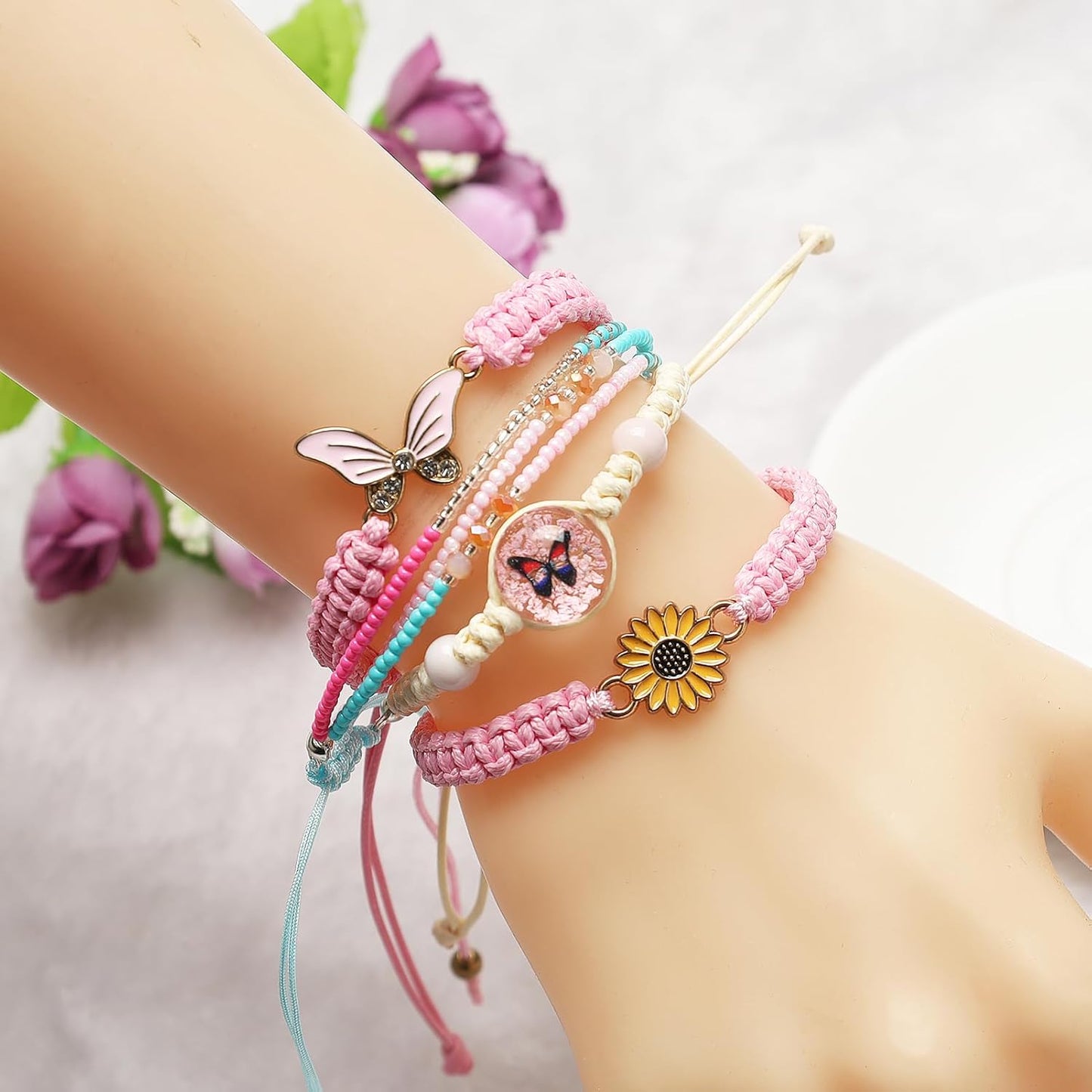 DS 4PCS String beads Charm Bracelets for Teen Girls Dainty cute cartoon Butterfly Daisy Eternal flower Beads Bracelets set for woman and girls Adjustable Stretch bracelet birthday Gift For Friends