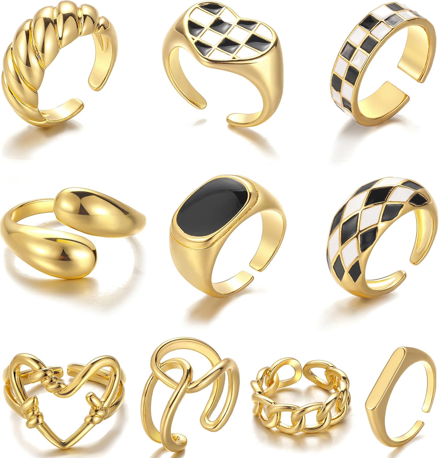 FAXHION 12PCS Gold Stackable Rings Set for Women, 18K Gold Plated Open Stacking Knuckle Ring, Adjustable Chunky Signet Band Statement Ring for Gift