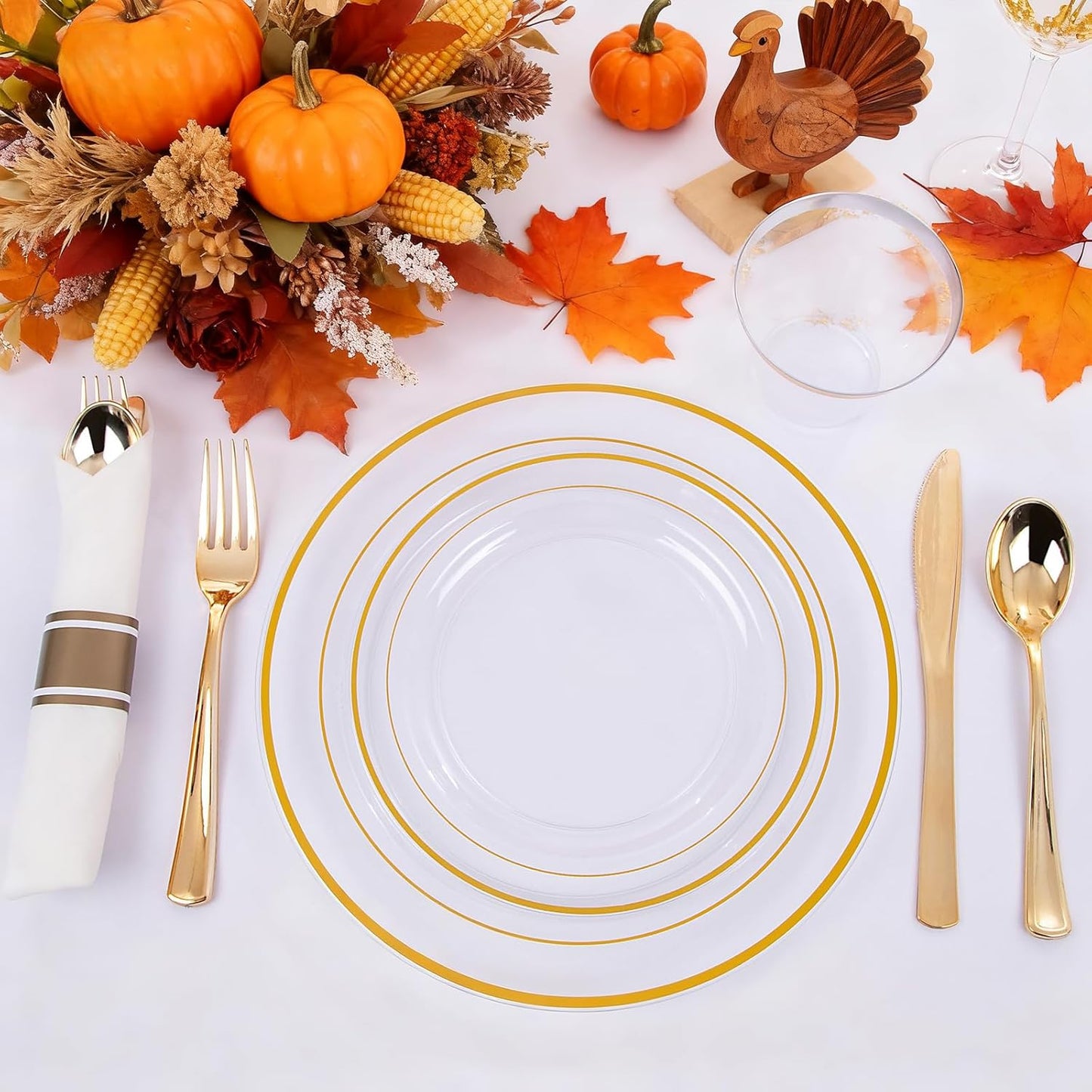 WELLIFE 350PCS Clear-Gold Plastic Plates - 100 Disposable Plates, 150Plastic Silverware, 50 Cups, 50 Napkins for Wedding & Party