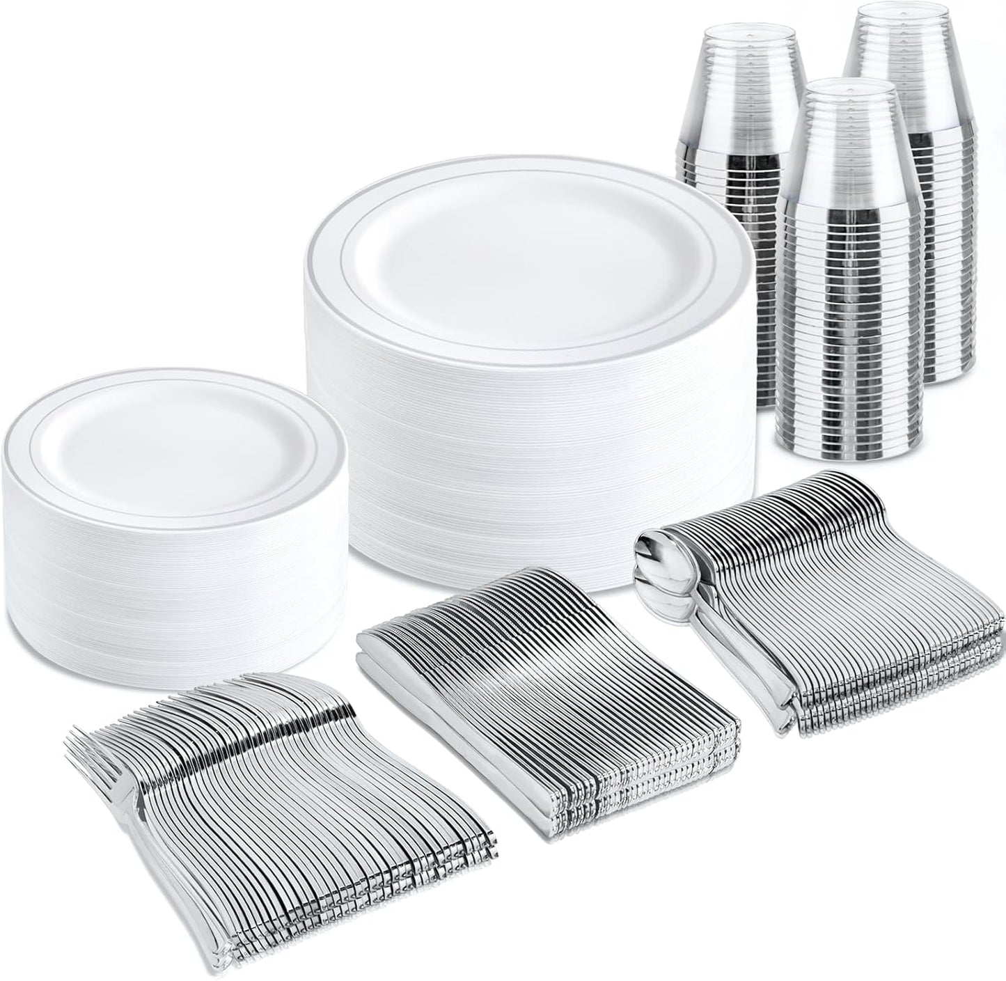 bUCLA 300PCS Silver Disposable Plastic Dinnerware Set - 50 Guests White Silver Disposable Plates Include 50 Dinner Plates,50 Dessert Plates,50 Knives,50 Forks,50 Spoons,50 Cups for Party & Christmas