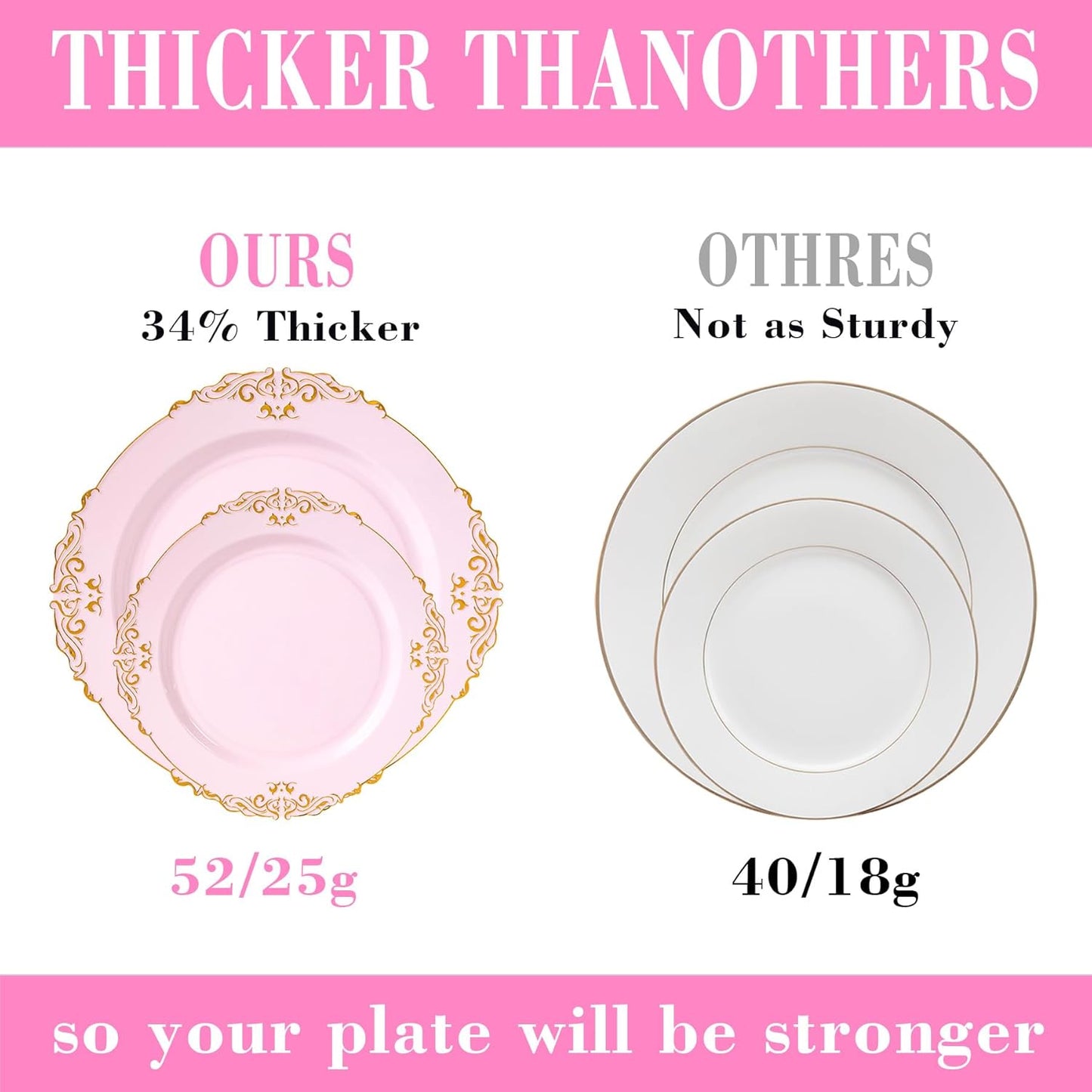 350pcs Gold Retro Dinnerware Sets Disposable, 50 Guests Heavy Duty Plastic Cutlery Sets, 100 Disposable Plates, 150 Silverware, 50 Cups, 50 Napkins for Wedding & Party, Pink