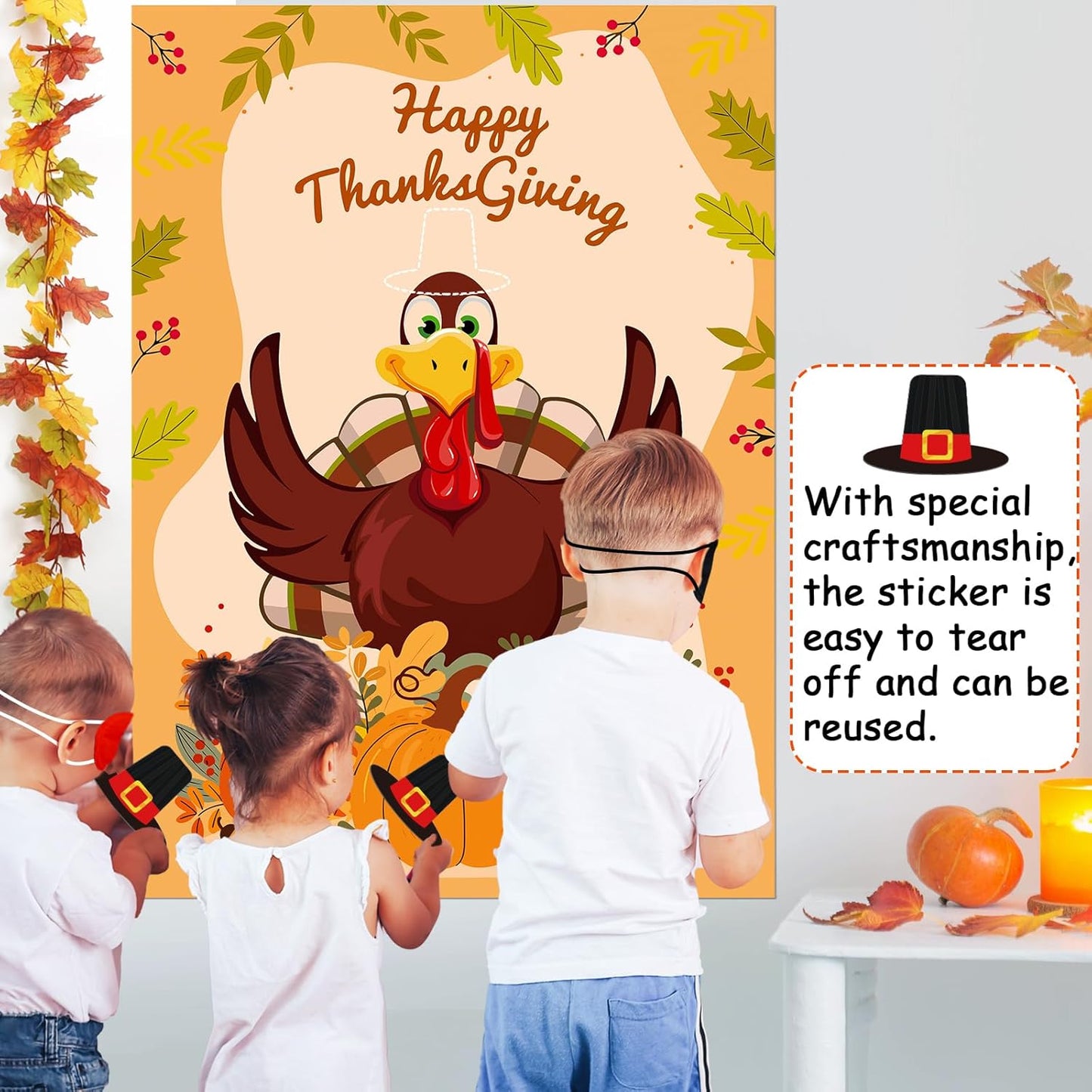 Upgraded, Fall Festival Games for Kids, Pin The Hat on The Turkey, Funny Thanksgiving Games, Classic Design, with Premium Poster, Reusable Stickers, Eye Mask, Ideal Friendsgiving Party Decorations