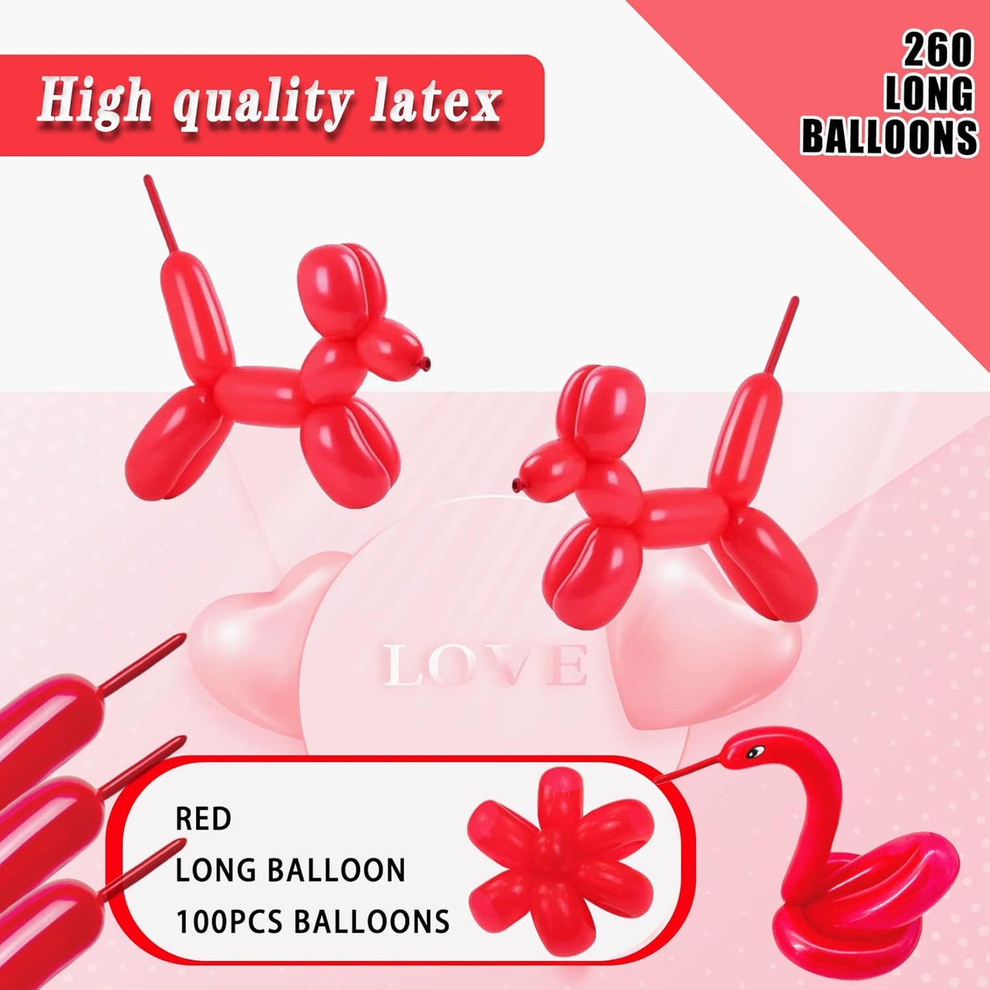 260 Long Balloons 100 Pack Red Twisting Animal Balloons Thickening Latex Modeling Long Magic Balloons for Animal Model Weddings Birthdays Festival Party Decorations