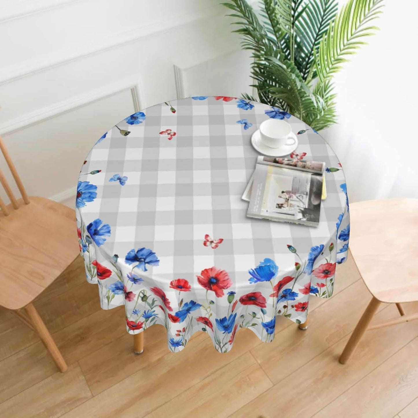 Giwawa Red Blue Floral Tablecloth Round 60Inch 4th of July Watercolor Poppy Flowers Table Cover with Gray Buffalo Plaids Patriotic Heat Resistant Table Cloth for Kitchen Dining Holiday Tabletop Decor