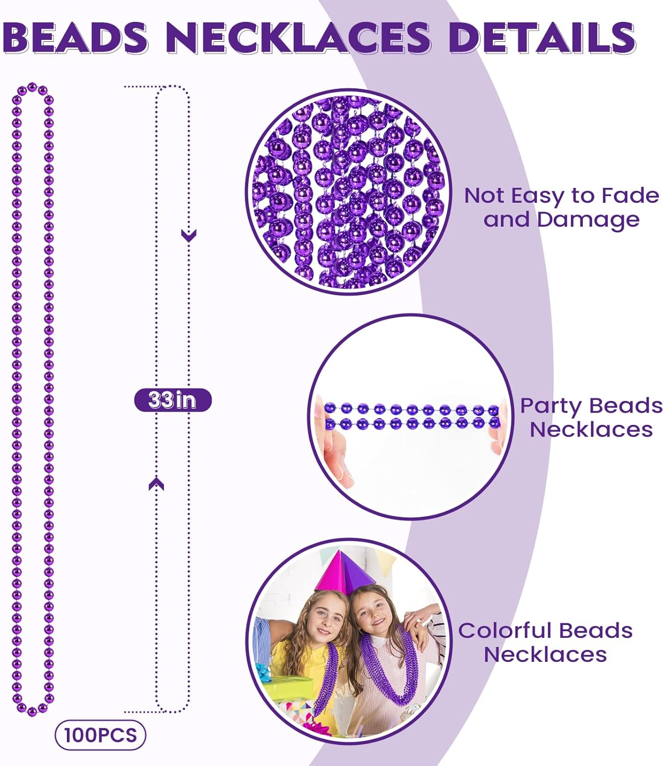 SHAOQINLIN 100 PCS Purple Mardi Gras Beads, Purple Beads Necklaces 33" Metallic Beaded Costume Necklaces Party Necklaces for Halloween Mardi Gras Parade Throws Wedding Birthday Party Favors