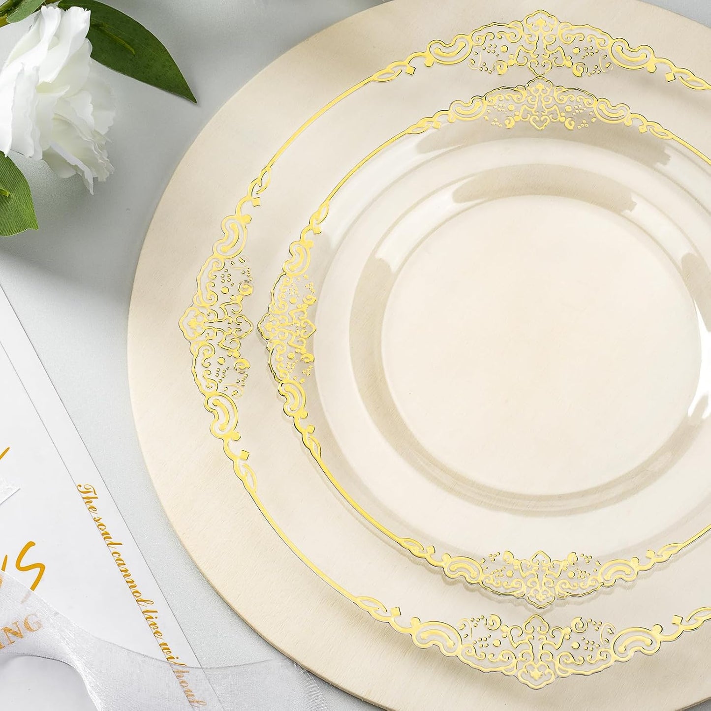 350PCS Clear Plastic Plates for 50 Guests, Disposable Dinnerware Sets Include 100 Gold Rim Plastic Plates, 50 Silverwares, 50 Cups, and 50 Pre Rolled Napkins for Party, Graduation