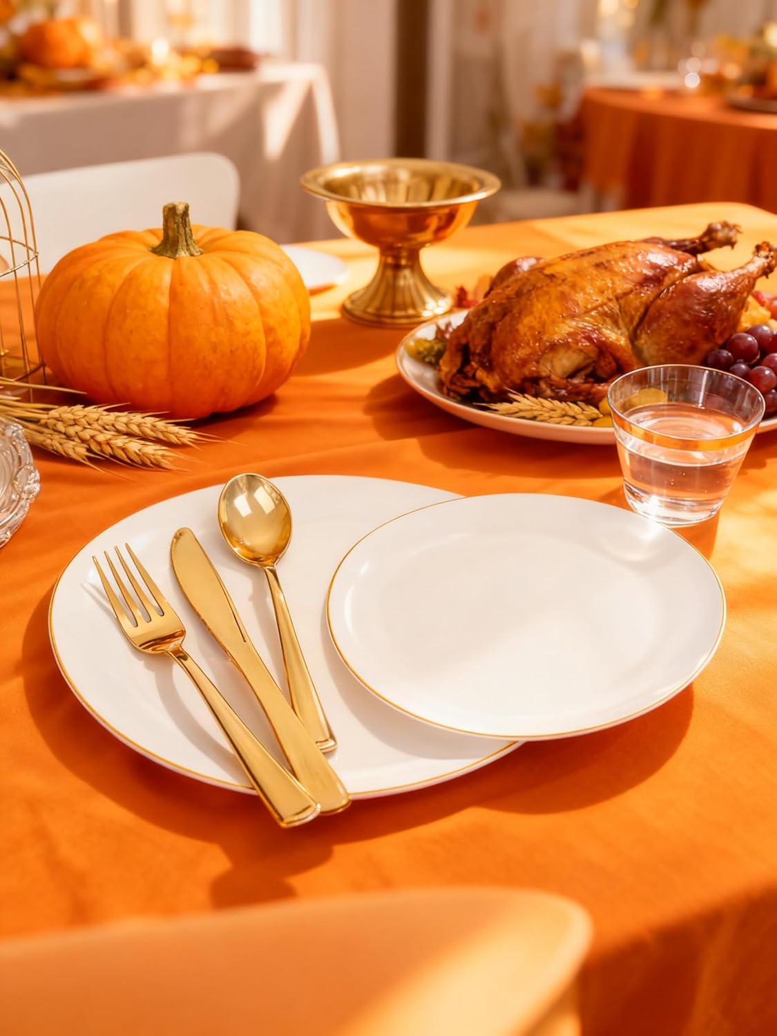 WDF 300PCS White and Gold Plates - Wedding Plastic Dinnerware Set for 50 Guests Include 50 Dinner & 50 Cake Plates, 50 Cutlery, 50 Cups for Wedding, Birthday, Thanksgiving Party