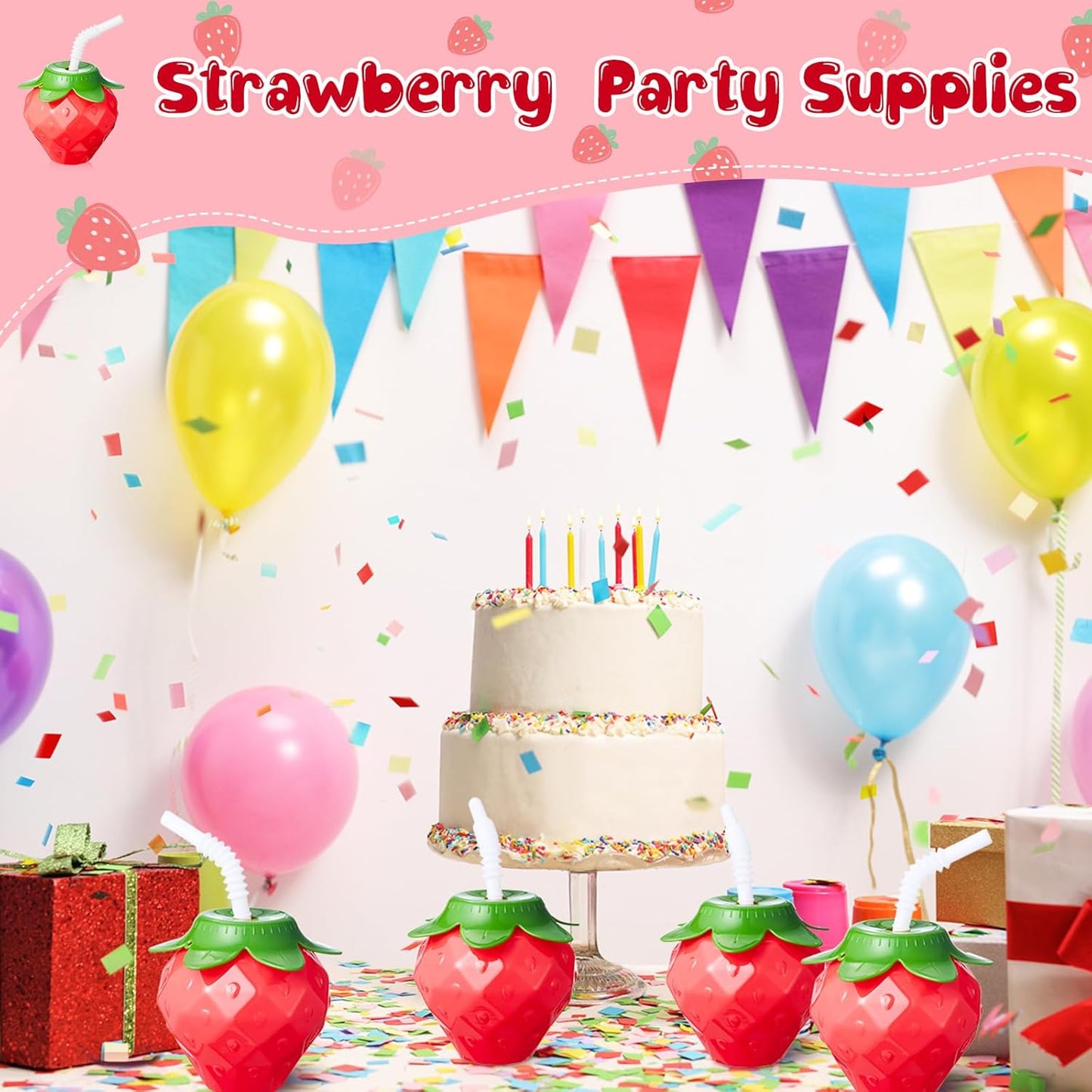 Havawish 24 Pcs Strawberry Shaped Cup with Lids and Straws, 17oz Strawberry Birthday Party Supplies Plastic Portable Reusable Cute Cups Water Bottle for Girls Women Drinking