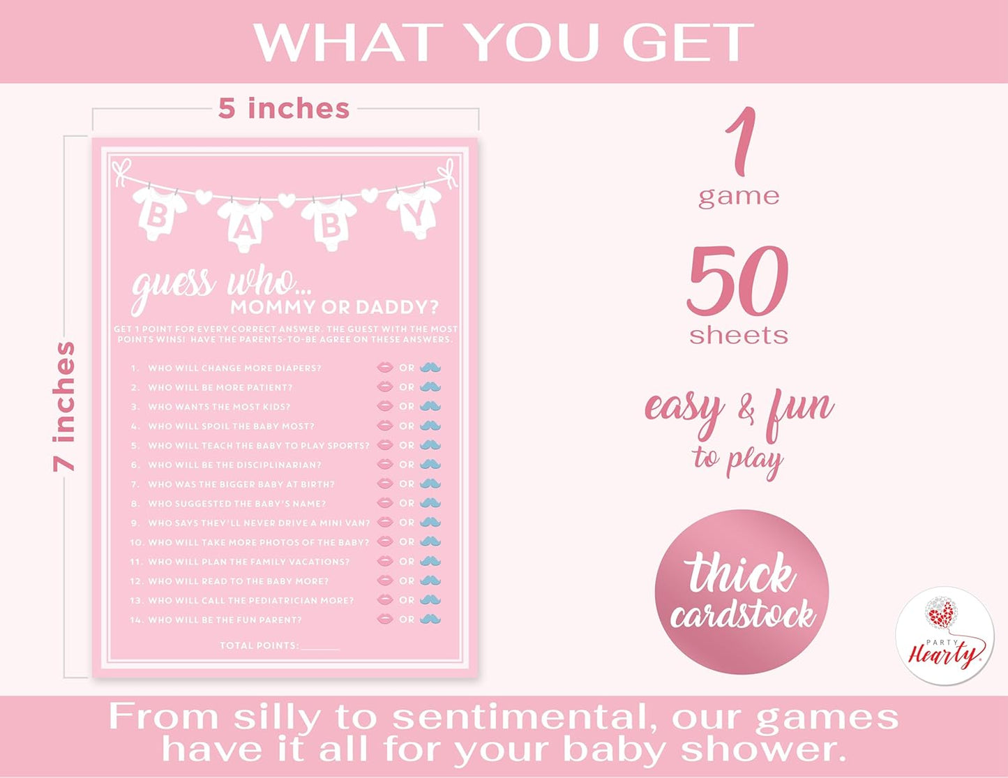 Party Hearty Baby Shower Games for Girl, 50 pcs Pink Mommy or Daddy Guess Who Game, Fun Activity Cards, Ideas