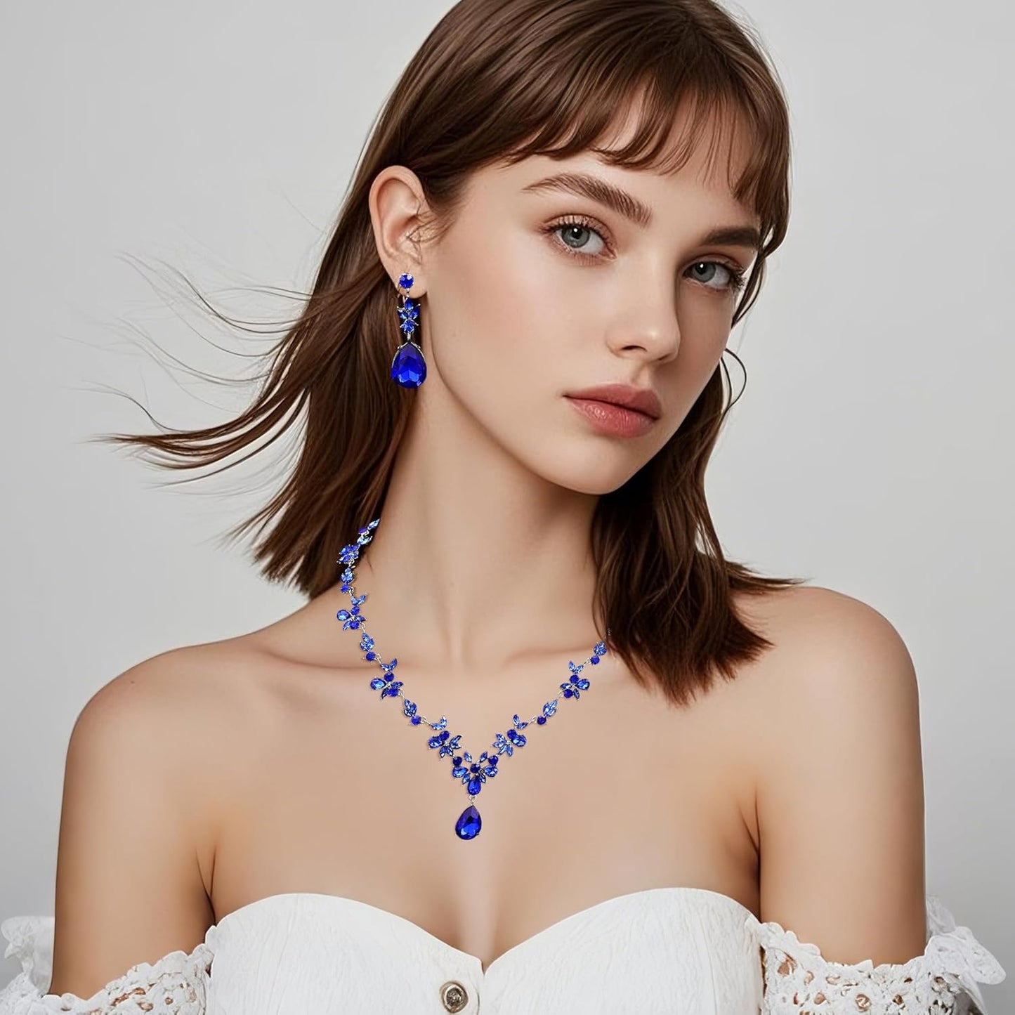 Kamirola Bridal Jewelry Set, Jewelry Set for Women, Necklace Dangle Earrings Bracelet Set, White Gold Plated (TR76)