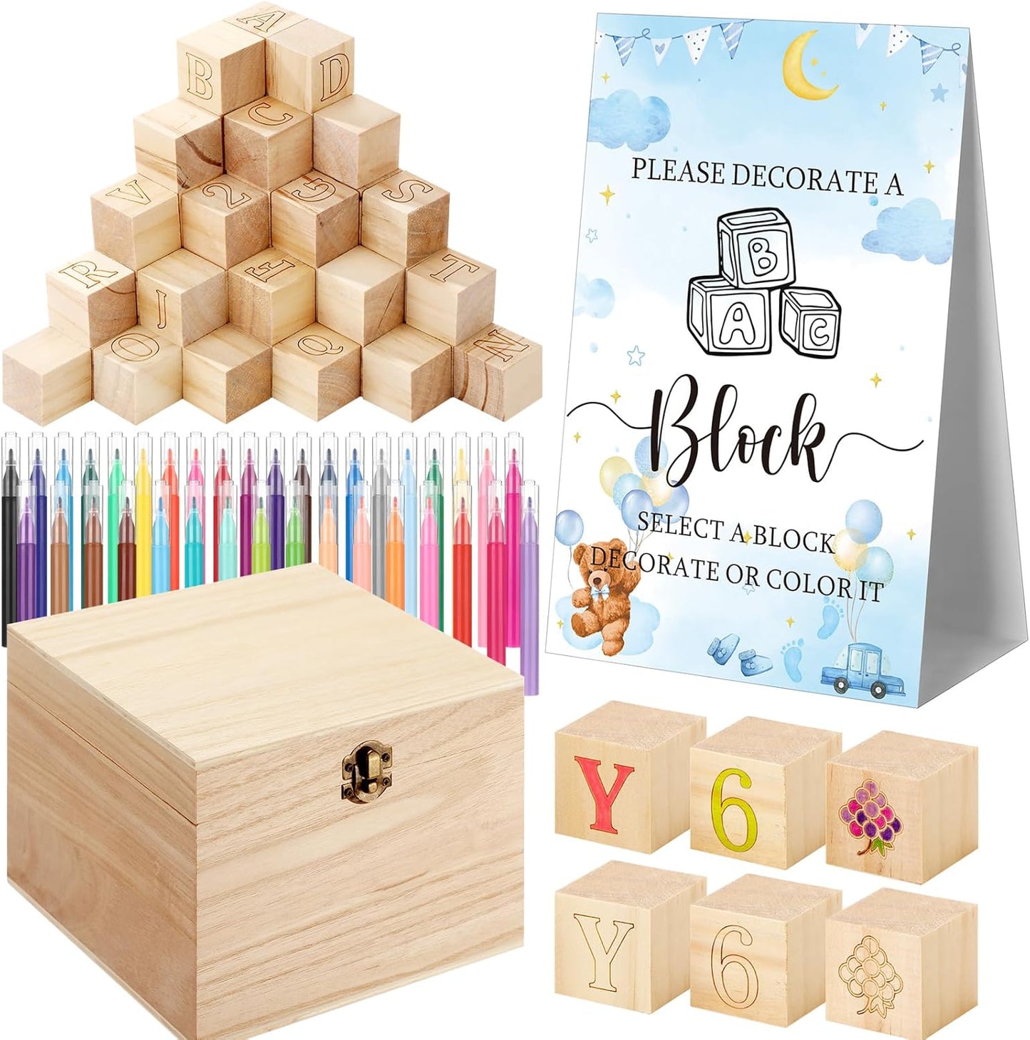 Marsui 136 Pcs Baby Shower Blocks to Decorate Game Kit Includes 98 Wooden Blocks, 36 Markers, 1 Game Sign, 1 Storage Box for Baby Shower Gender Reveal Activity Party Decorations(Blue Bear)