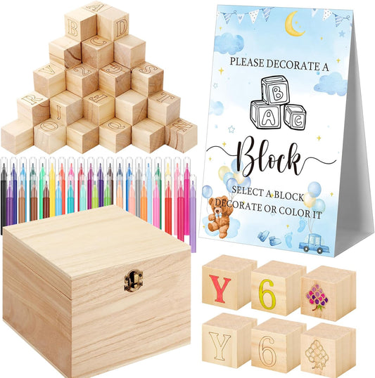 Marsui 136 Pcs Baby Shower Blocks to Decorate Game Kit Includes 98 Wooden Blocks, 36 Markers, 1 Game Sign, 1 Storage Box for Baby Shower Gender Reveal Activity Party Decorations(Blue Bear)