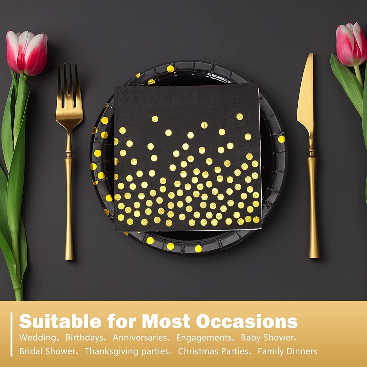 Black and Gold Paper Plates-50 Pack-25 * 7inch Paper Plates & 25 * 6.5inch Napkins,Black Plates and Napkins Party Supplies for Graduation Retirement,All Occasions