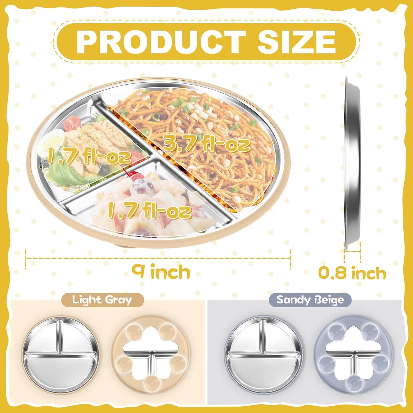 OVV Stainless Steel Kids Plates (2 Pack) – 9 Inch Toddler Divided Plates with ﻿Removable Silicone Sleeves & 5 Suction Cups Baby Self Feeding | Mess-Free Mealtime | Dishwasher Safe