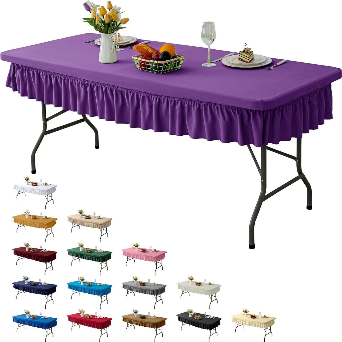6ft Purple Stretch Tablecloth for Rectangular Tables - Flared Wrap Design, Waterproof, Wrinkle-Resistant, Washable - Ideal for Weddings, Parties, Banquets & Table Protection